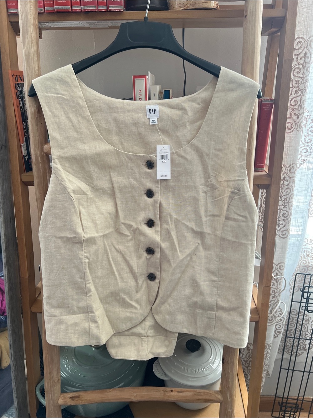 GAP Beige Sleeveless Button-Front Linen-Blend Crop Top